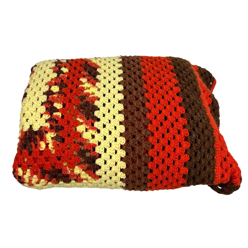 Vintage Granny Square Crochet Blanket Afghan Throw Retro Brown Handmade‎ 68x66